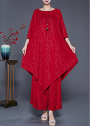 Beautiful Red Asymmetrical Oversized Silk Two Pieces Set Summer