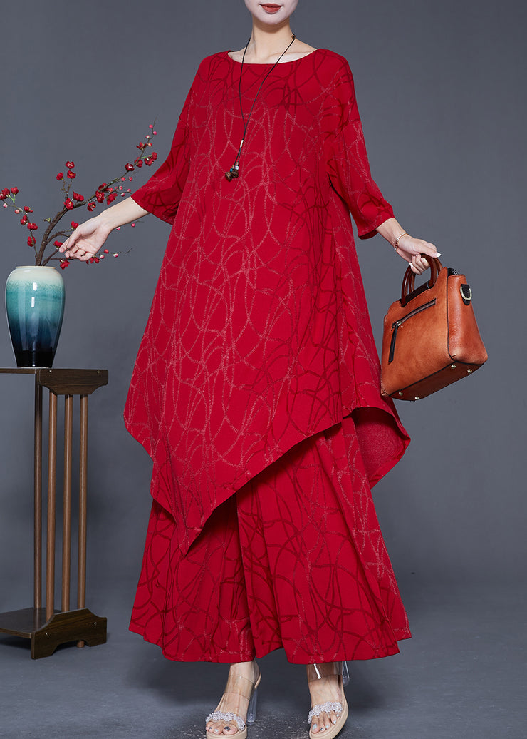 Beautiful Red Asymmetrical Oversized Silk Two Pieces Set Summer