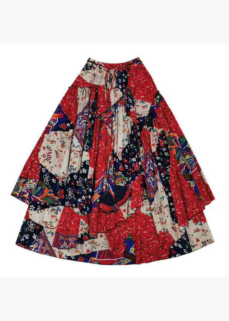 Beautiful Red Asymmetrical Print Exra Large Hem Linen Skirt Spring