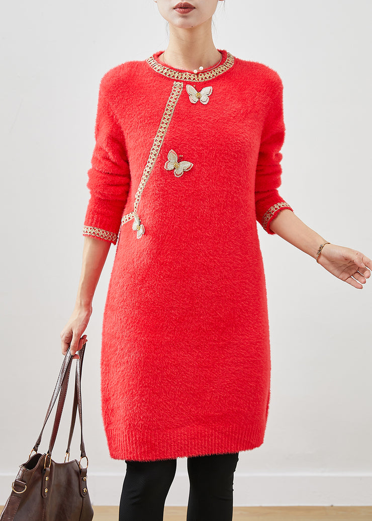 Beautiful Red Butterfly Knit Sweater Dress Winter