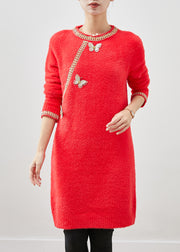Beautiful Red Butterfly Knit Sweater Dress Winter