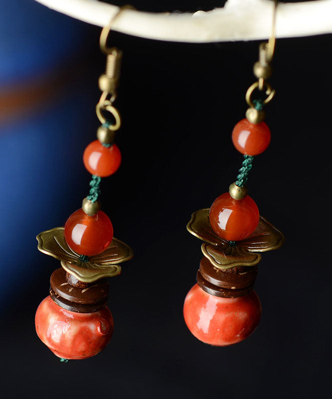 Beautiful Red Ceramics Original Design Copper Drop Earrings