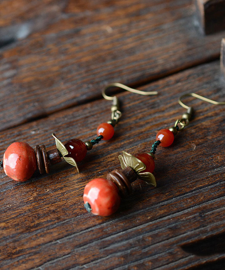 Beautiful Red Ceramics Original Design Copper Drop Earrings