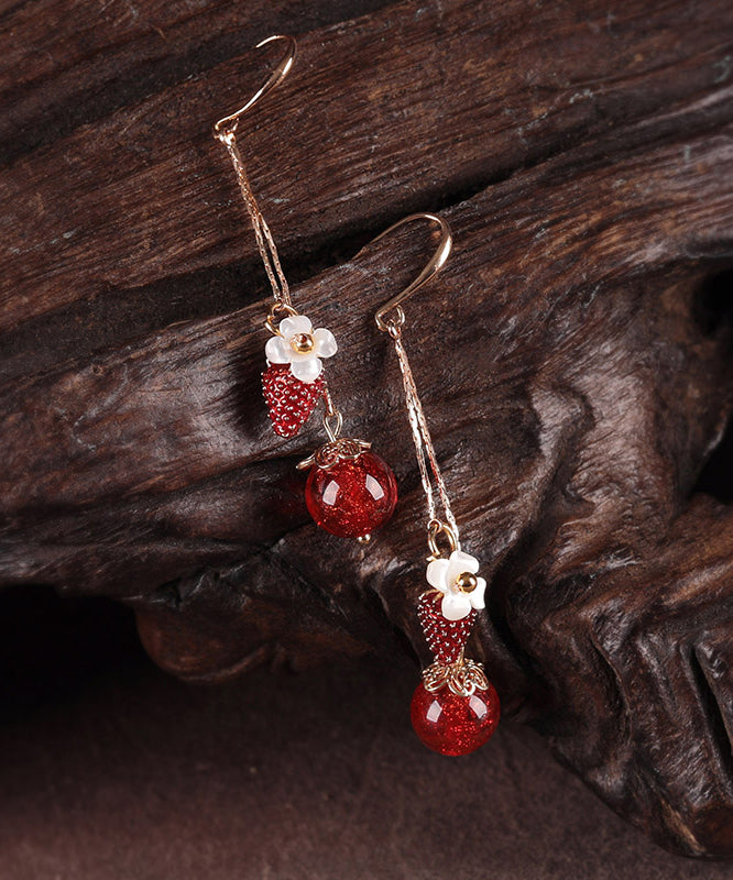 Beautiful Red Copper Cloisonne Cloured Glaze Strawberry Shell Flower Drop Earrings