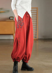 Beautiful Red Elastic Waist Embroidered Warm Fleece Beam Pants Winter