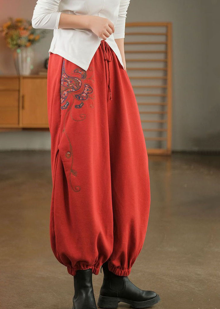 Beautiful Red Elastic Waist Embroidered Warm Fleece Beam Pants Winter