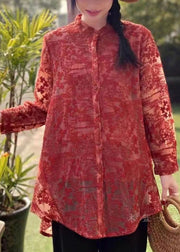 Beautiful Red Embroidered Button Patchwork Lace Shirt Fall