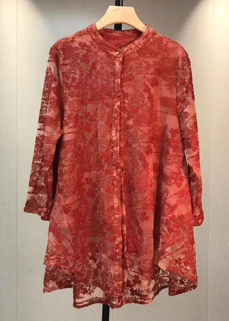 Beautiful Red Embroidered Button Patchwork Lace Shirt Fall
