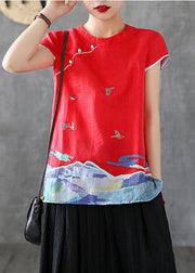 Beautiful Red Embroidered Chinese Button Cotton Tank Short Sleeve
