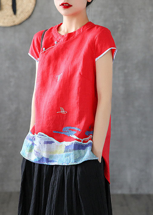 Beautiful Red Embroidered Chinese Button Cotton Tank Short Sleeve