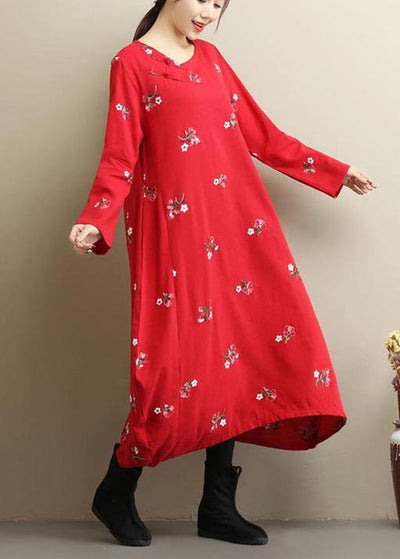 Beautiful Red Embroidery Long Dress O Neck Asymmetric Art Spring Dresses - SooLinen