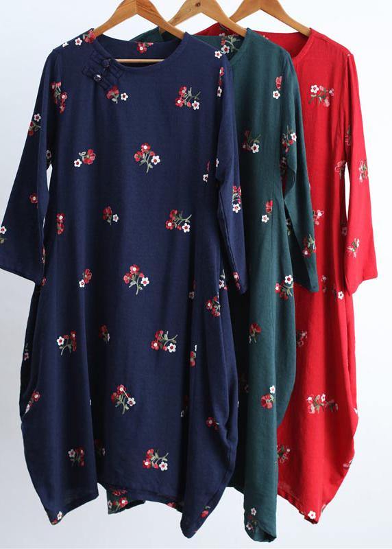 Beautiful Red Embroidery Long Dress O Neck Asymmetric Art Spring Dresses - SooLinen