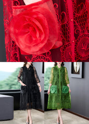 Beautiful Red Floral Hollow Out Solid Tulle Long Coat Half Sleeve