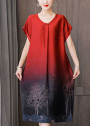 Beautiful Red Gradient Color O-Neck Tassel Print Silk Dresses Short Sleeve