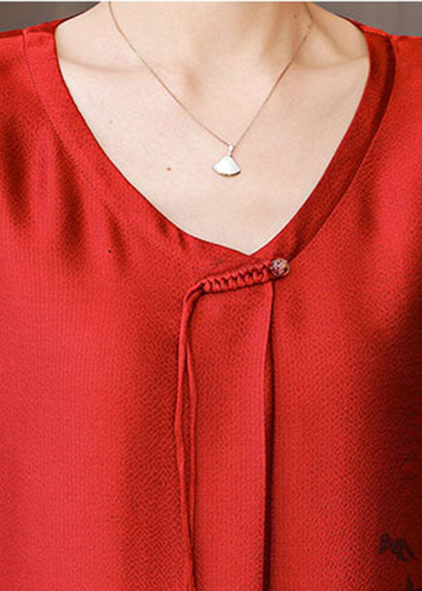 Beautiful Red Gradient Color O-Neck Tassel Print Silk Dresses Short Sleeve