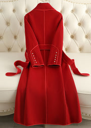 Beautiful Red Notched Tie Waist Woolen Long Coats Fall