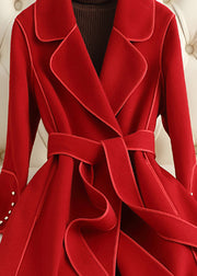 Beautiful Red Notched Tie Waist Woolen Long Coats Fall