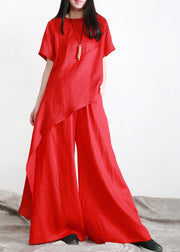 Beautiful Red O-Neck Asymmetrical Linen Top And Pants Two Pieces Sets Summer