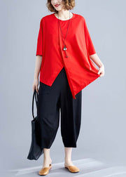 Beautiful Red O-Neck Asymmetrical Patchwork Cotton Two Piece Set Summer