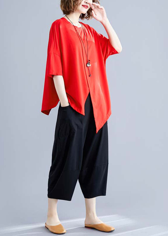 Beautiful Red O-Neck Asymmetrical Patchwork Cotton Two Piece Set Summer