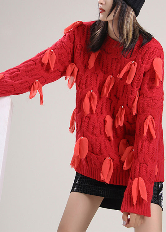 Beautiful Red O-Neck Bow Knit Sweaters Spring