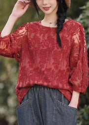 Beautiful Red O Neck Embroidered Lace T Shirt Tops Fall