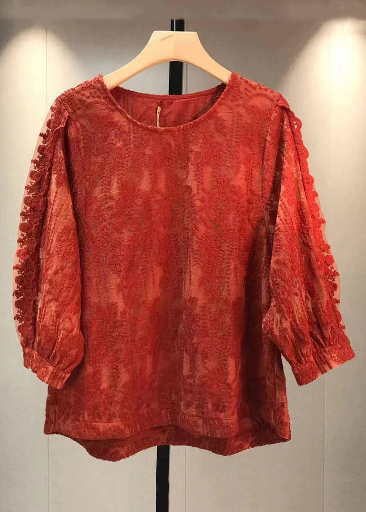 Beautiful Red O Neck Embroidered Lace T Shirt Tops Fall