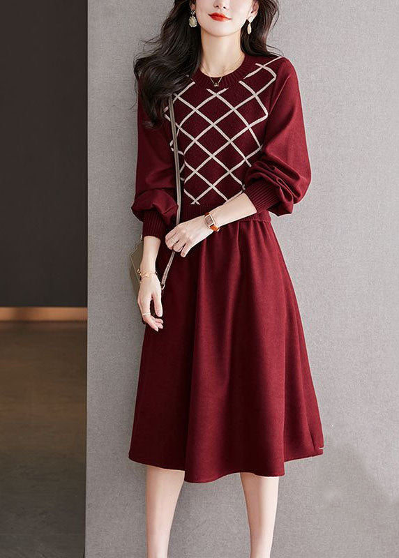 Beautiful Red O Neck False Two Patchwork Wool Dresses Spring