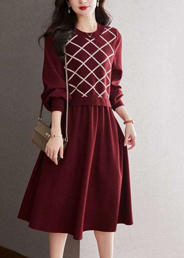 Beautiful Red O Neck False Two Patchwork Wool Dresses Spring