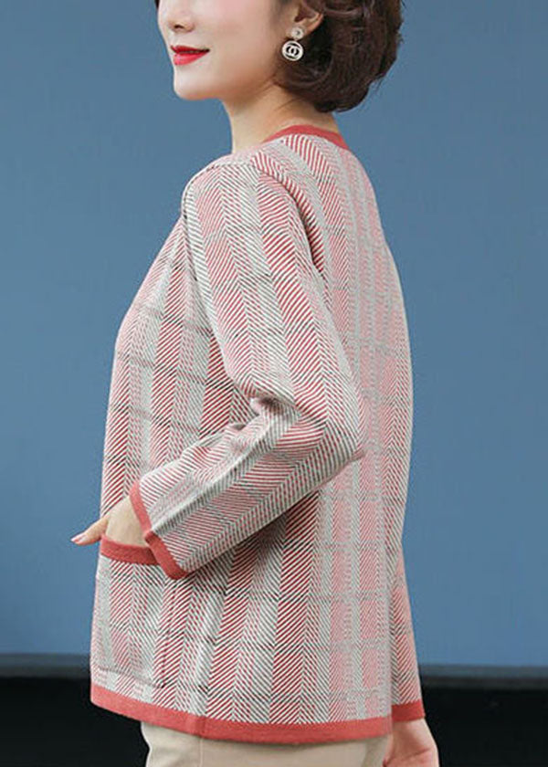 Beautiful Red O-Neck Pockets Plaid Knit Coat Long Sleeve