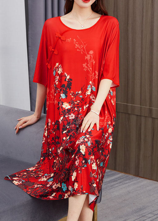 Beautiful Red O Neck Print Chinese Button Patchwork Chiffon Dress Summer