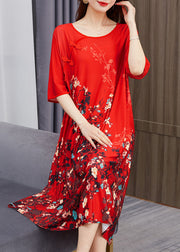 Beautiful Red O Neck Print Chinese Button Patchwork Chiffon Dress Summer