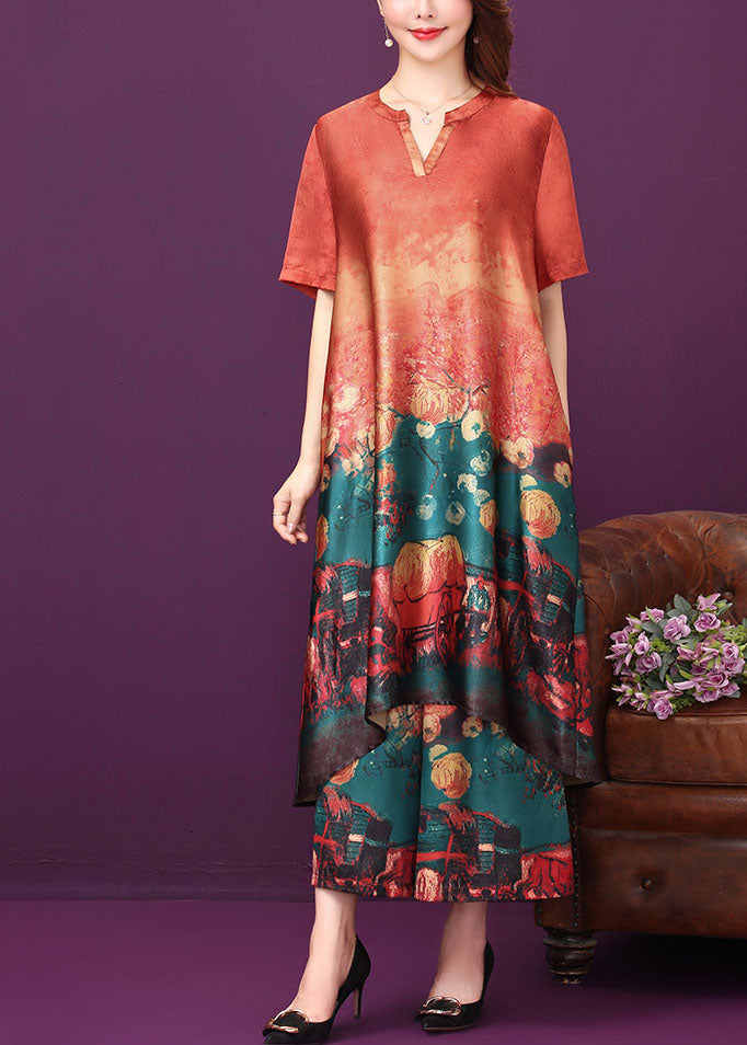Beautiful Red O-Neck Print Silk Long Dress And Straight Pant Two Piece Set Summer