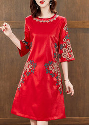 Beautiful Red O-Neck Print Silk Mid Dress Half Sleeve