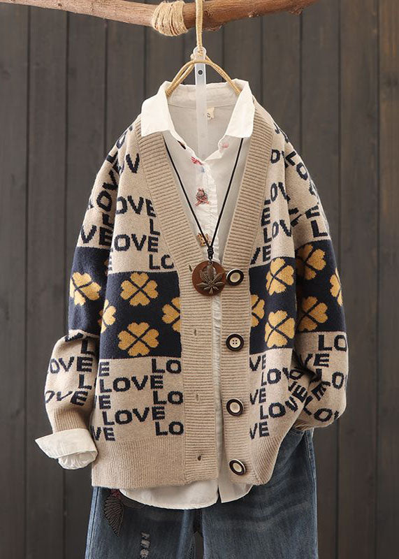 Beautiful Red Oversized Patchwork Letter Print Knit Cardigans Winter