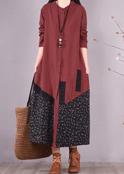 Beautiful Red Patchwork Print Dress O Neck Pockets Traveling Spring Dresses - SooLinen