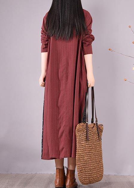 Beautiful Red Patchwork Print Dress O Neck Pockets Traveling Spring Dresses - SooLinen
