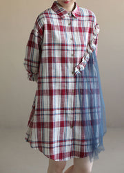 Beautiful Red Plaid Ruffled Patchwork Tulle Cotton Linen Shirt Dress Long Sleeve