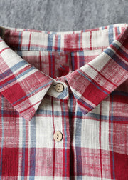 Schönes rotes Karo-Rüschen-Patchwork-Tüll-Baumwoll-Leinen-Hemdkleid mit langen Ärmeln