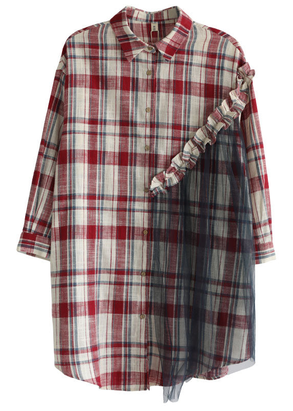 Schönes rotes Karo-Rüschen-Patchwork-Tüll-Baumwoll-Leinen-Hemdkleid mit langen Ärmeln