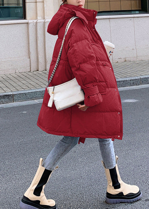 Beautiful Red Pockets Hooded Drawstring Duck Down Coat Winter