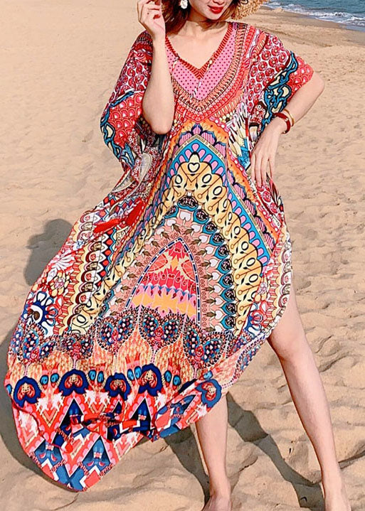 Beautiful Red Print Beach Gown Mid Dress Summer
