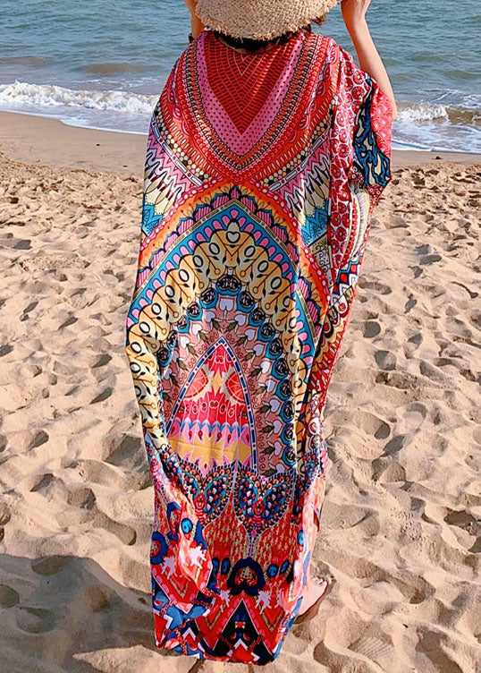 Beautiful Red Print Beach Gown Mid Dress Summer