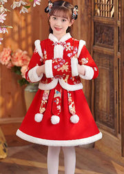 Beautiful Red Print Girls Coats And Skirts Two Pieces Set Long Sleeve