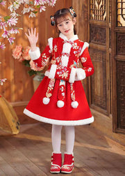 Beautiful Red Print Girls Coats And Skirts Two Pieces Set Long Sleeve