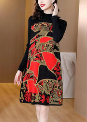 Beautiful Red Print Patchwork Cotton Knit Mid Dress Winter
