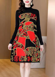 Beautiful Red Print Patchwork Cotton Knit Mid Dress Winter