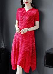 Beautiful Red Solid Color V Neck Wrinkled Silk Long Dress Short Sleeve