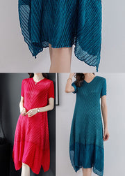 Beautiful Red Solid Color V Neck Wrinkled Silk Long Dress Short Sleeve