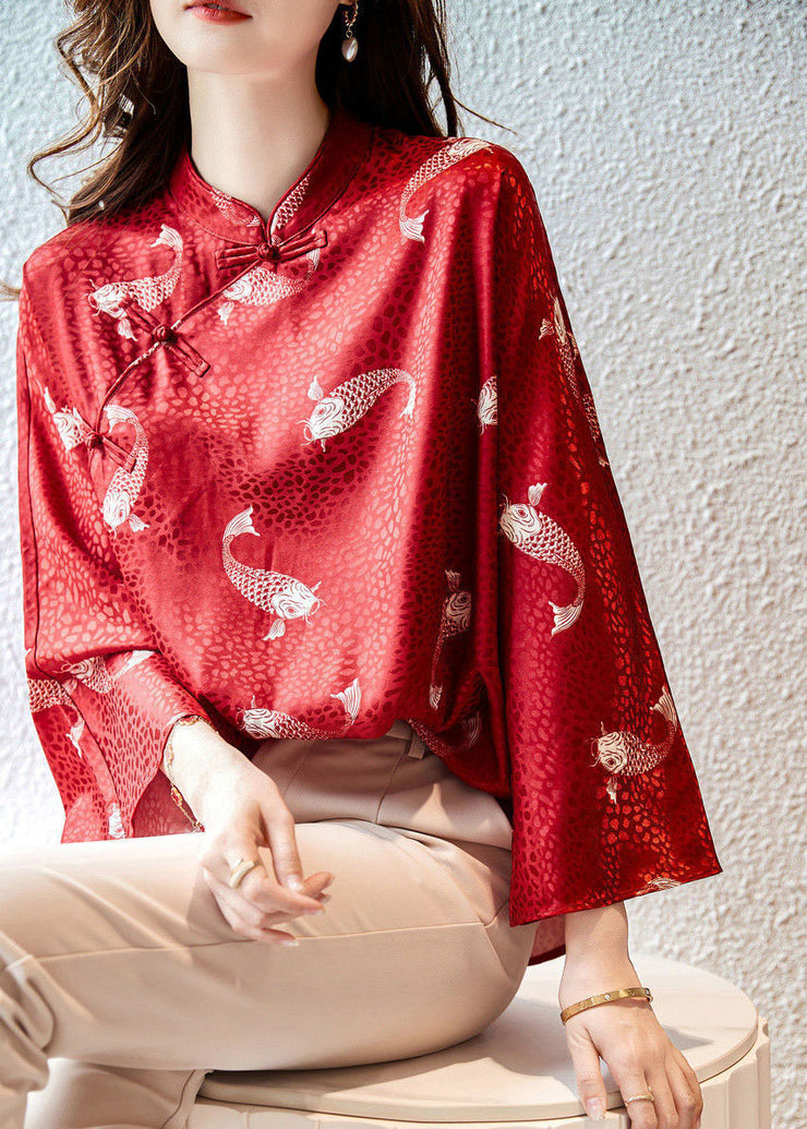 Beautiful Red Stand Collar print Silk Blouse Tops flare sleeve